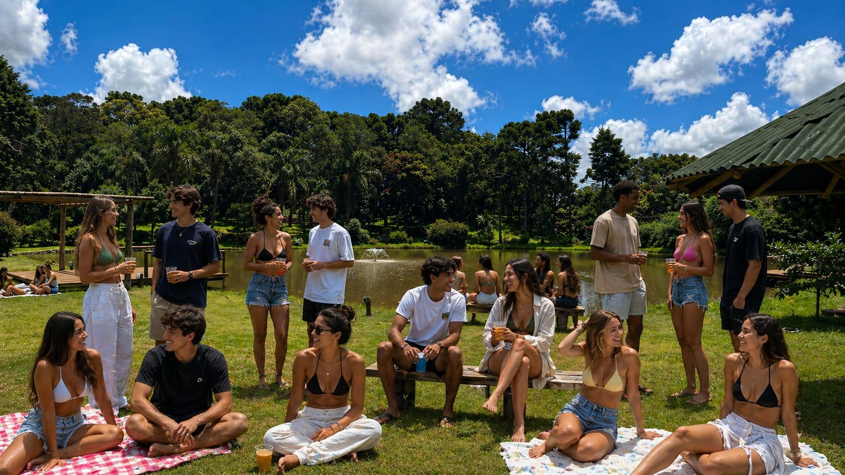 Convidados ao ar livre junto ao lago no Excellence Eventos — grupo celebrando em área verde