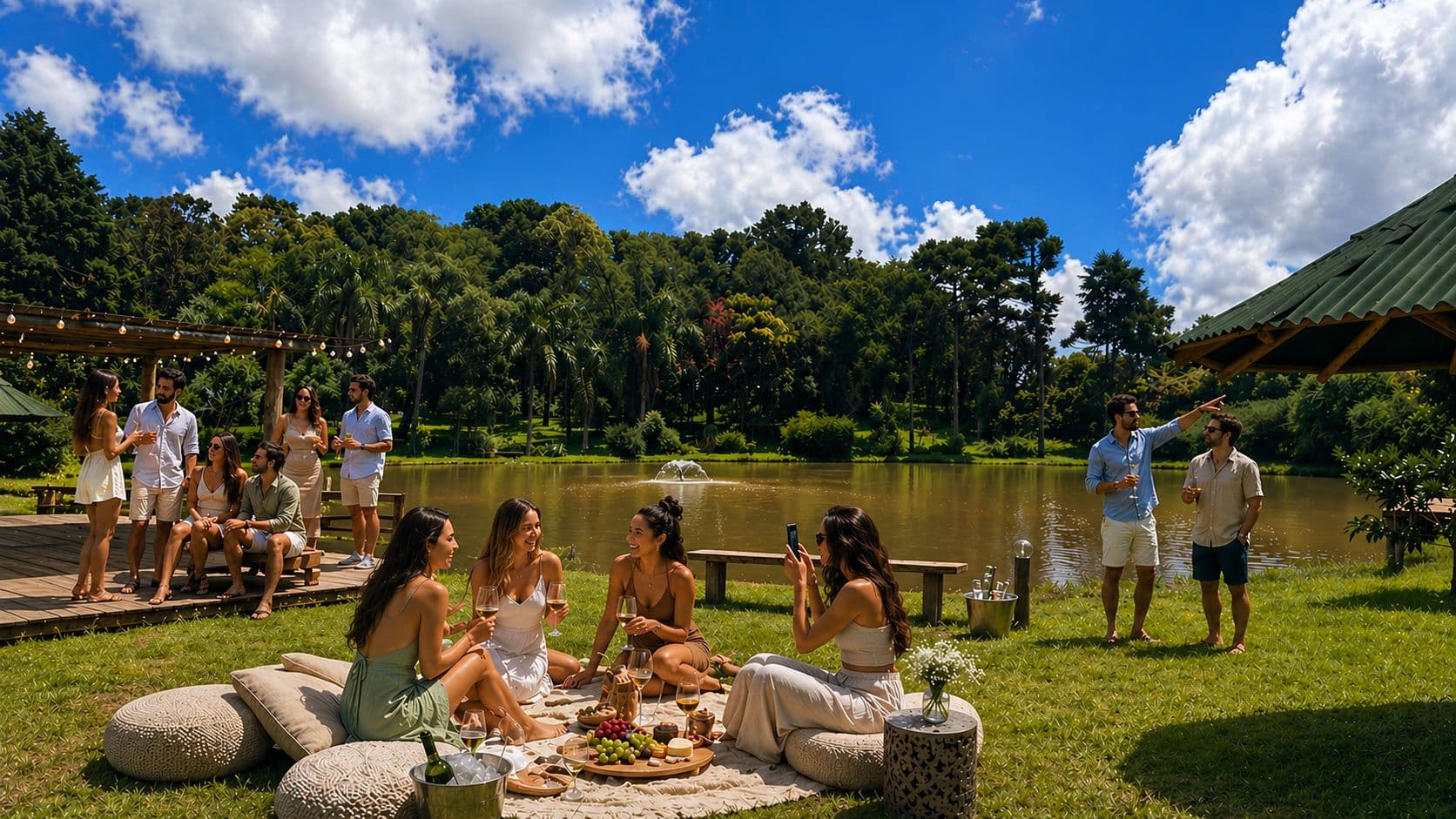 Encontro ao ar livre à beira do lago