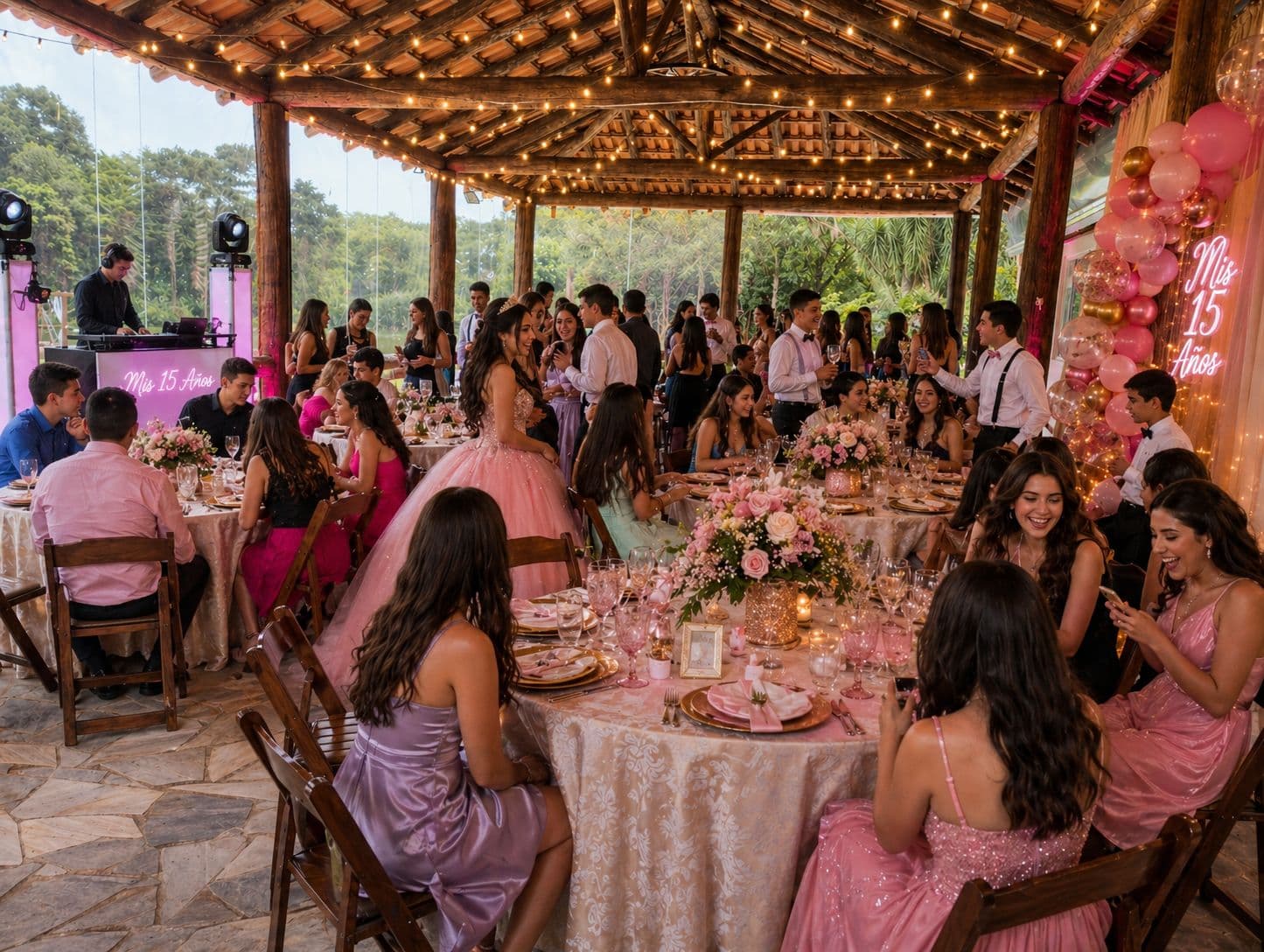 Festa de 15 anos no salão com decoração rosa e dourada